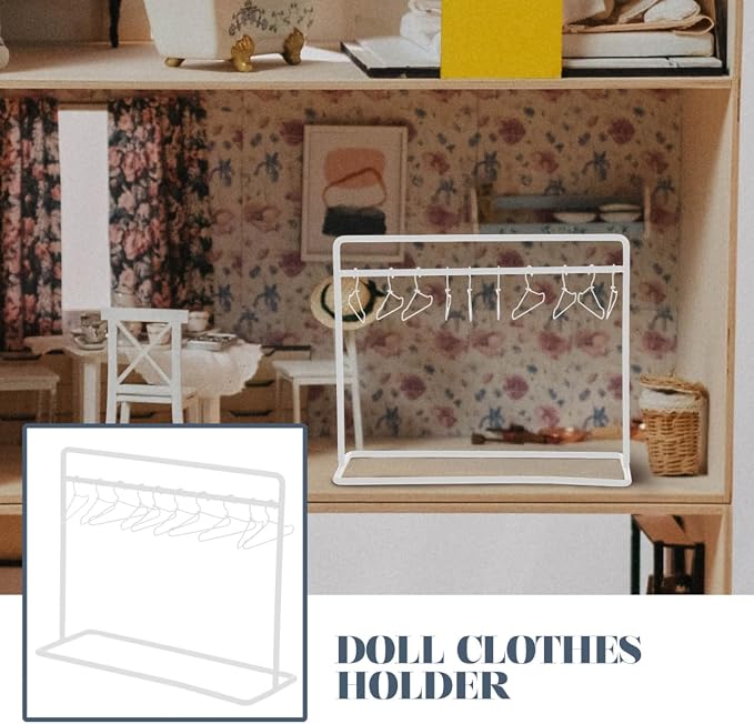 Doll Clothes Hanger Set Mini Clothes Rack with 10 Doll Hangers Metal Outfit Rack for Dollhouse Clothing Display Mini House Decor 5.90 X 4.72 X 2.16 in