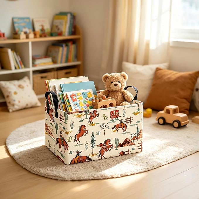 Western Cowboy Fabric Rectangular Nursery Storage Bin | Gifts Bag for Books,Clothes,Gifts,Pets-Perfect for Home,Office,Nursery,Dorm,Shelf