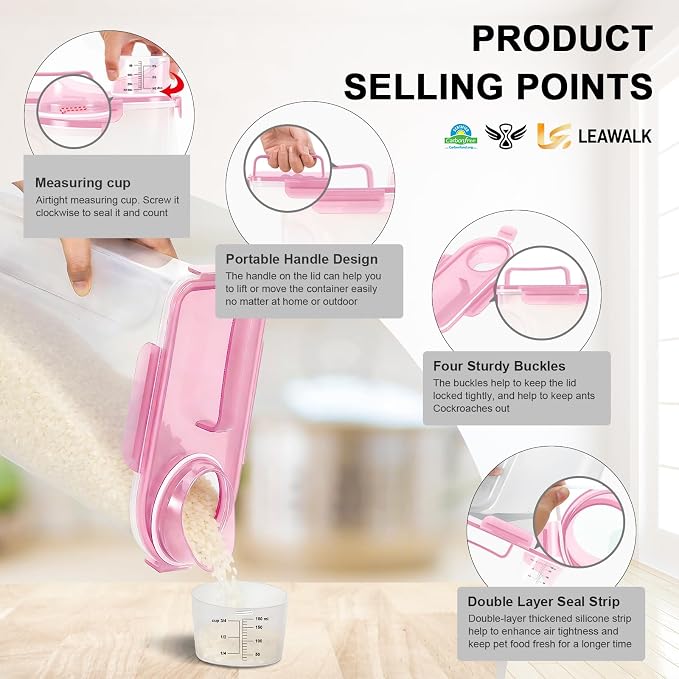 LEAWALK Airtight 10LBS Rice/Cereal/Dry Food Storage Container BPA Free, 5.28Qt Clear Plastic Kitchen and Pantry Organization Bin Suitable for Oats, Flour, Sugar, Pasta, Pet Food, etc (Rose Pink)