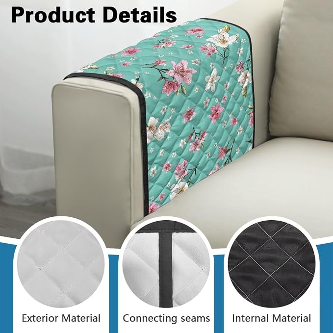 Floral Print Sofa Arm Covers Stretch Armrest Covers with Organizer Pockets Washable Couch Arm Cover Armchair Cover Anti-Slip Armrest Slipcovers Furniture Protector