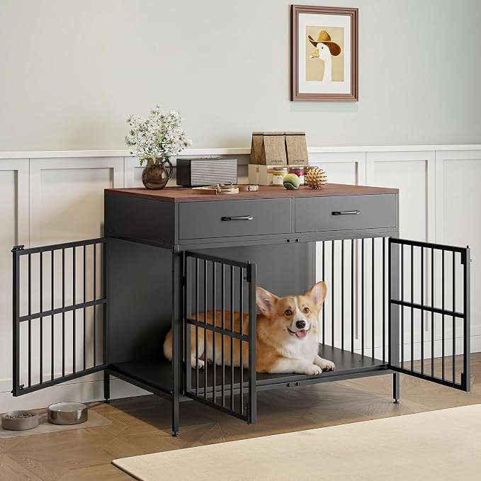 XL Dog Crate Furniture, 39.4" Heavy-Duty Dog Kennel with 2 Storage Drawers | Chew Proof & Escape Proof Dog Cage,Double Door with Secure Latch, Furniture-style Wooden End Table, Adjustable Non-slip Feet