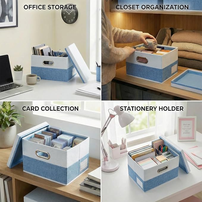 Storage Bins with Lids [3-Pack] Linen Fabric Foldable Storage Boxes Organizer Containers Baskets Cube with Cover for Bedroom Closet Office Blue&White（11.4X8.6X6.7