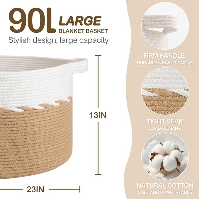 OIAHOMY 90L Extra Large Blanket Basket - Decorative Cotton Rope Storage Basket for Bedroom, Living Room & Nursery - Woven Laundry Hamper for Organizing Blankets, Clothes & Toys - Yellow & White