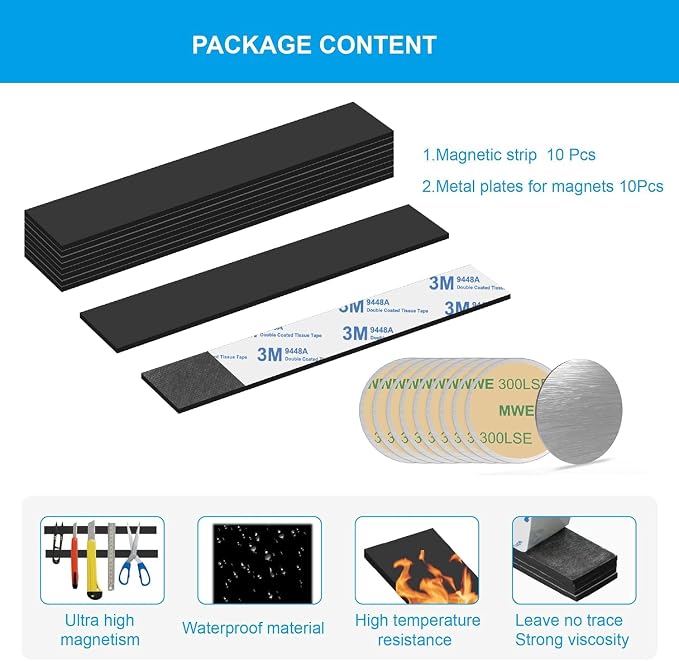 Magnetic Strips Tape with Adhesive Backing Magnet – Heavy Duty Magnets Strip, with 10Pcs Metal Stickers for Double Sided Self Sticky Non Metal, for Tool and Knife Strong Magnetic Wall Holder