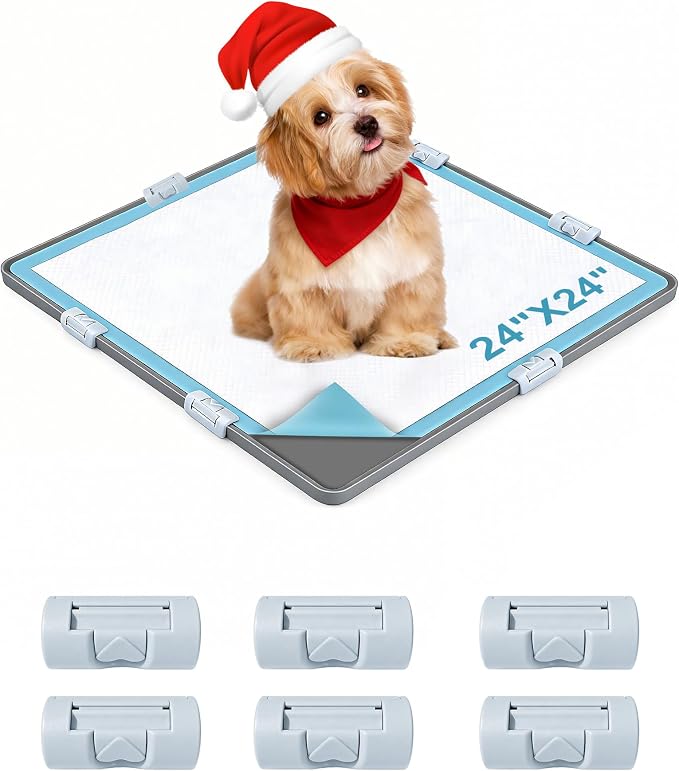 Dog Pee Pad Holder with 6 Clips, 24x24 Inch Silicone Puppy Pad Tray, Raised Edge Leak-Proof No Spill Mat for Dog Training Pads, Non-Slip Potty Holder for Indoor Floor Protection, Gray
