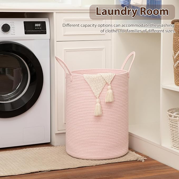 OIAHOMY 80L Nursery Hamper Laundry Basket Laundry Hamper Pink | collapsible Blanket Basket Cotton Rope Woven Basket Dirty Clothes Hamper Baby Hamper Tall Clothes Hamper with Handles