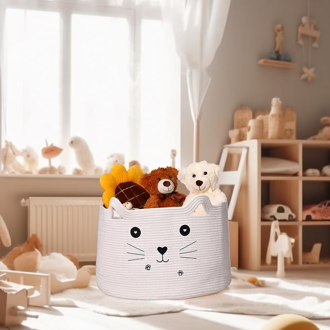 Zopeal Cat Storage Basket Woven Organizer with Ears Decorative Gift Cute Cotton Rope Pet Toy Basket for Gift Cat Dog Toy Bin Nursery Room(21.7 x 13.8 Inch,White)