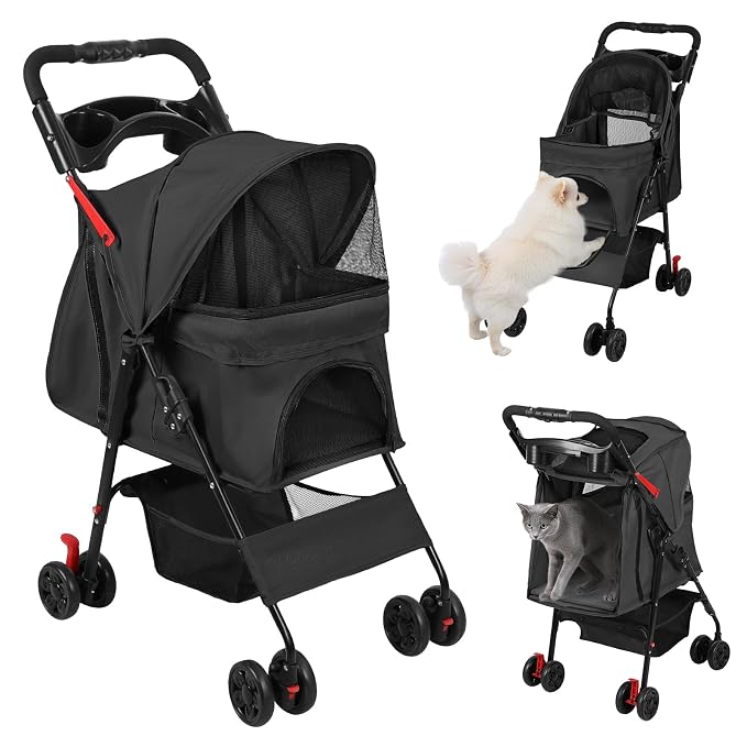 4 Wheel Pet Stroller for Small Medium Dogs, Foldable Cat Carriage with Breathable Mesh Windows, Cup Holder and Storage Basket, Portable Animal Strolling Cart Holds up to 22lbs Black