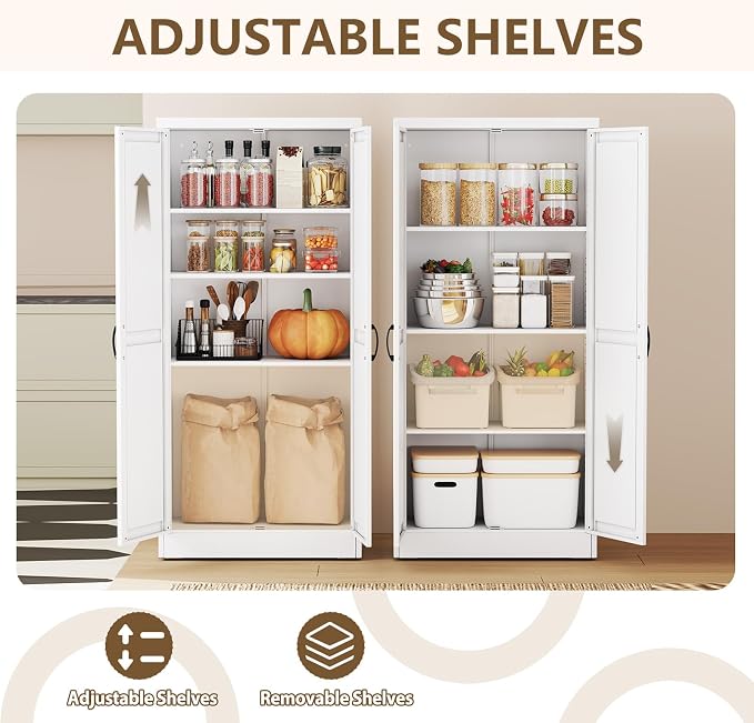 White Metal Storage Cabinet, 63" Kitchen Pantry Cabinets for Office | Steel Kitchen Pantry Storage with Doors and 3 Adjustable Shelves, Metal Tool Cabinet, for Office, Home, Garage, School