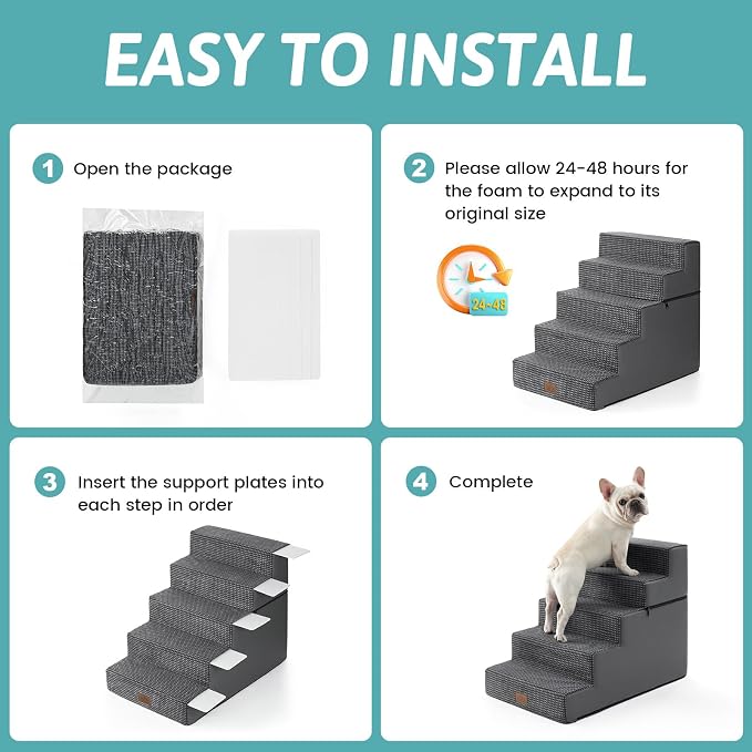 COZY KISS Dog Stairs for Small Dogs, 5 Step Pet Stairs for Beds & Couches | 23.6" H Wide Non-Slip Dog Steps with Removable Tiers & Support Board for Puppies, Older Cats & Dogs, Dark Grey