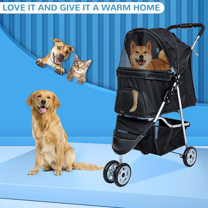 BLKMTY 3 Wheels Dog Stroller, Foldable Stroller for Cat, Dogs Waterproof Travel Carrier Strolling Cart for Puppy Small Dog Jogger Strollers W/Cup Holder & Storage Basket, Black