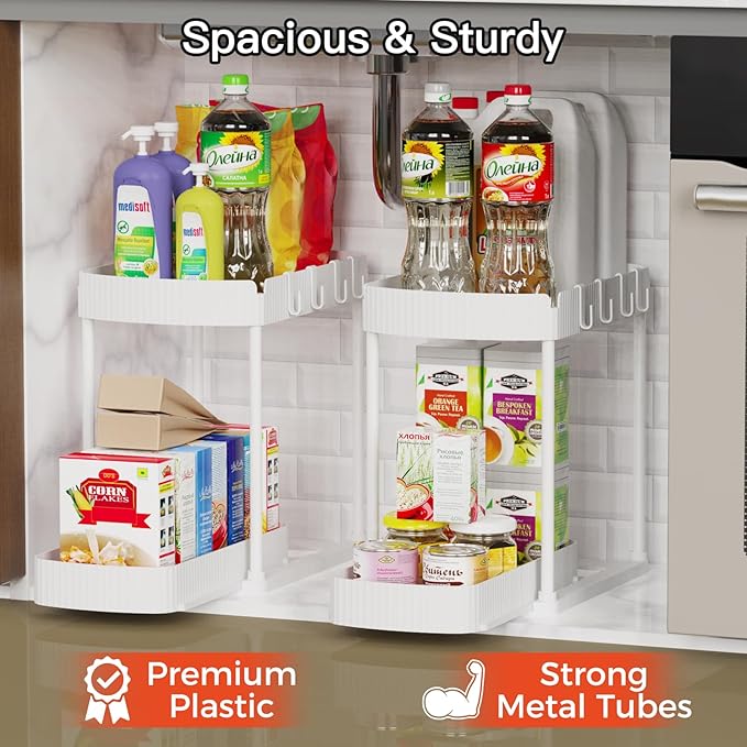 2 Packs Under Sink Pull-Out Storage Organizers, 14.8 Inches, White | Multi-Purpose Cabinet Organizers and Storage for Bathroom & Kitchen