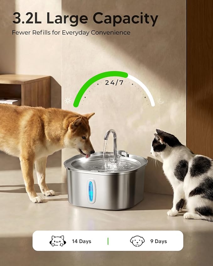 PEKTACO Stainless Steel Cat Water Fountain, 3.2L/108oz Cat Water Dispenser with Quiet Water Pump, Dishwasher Safe Pet Drinking Fountain for Cats with 3 Filters + 3 Sponges