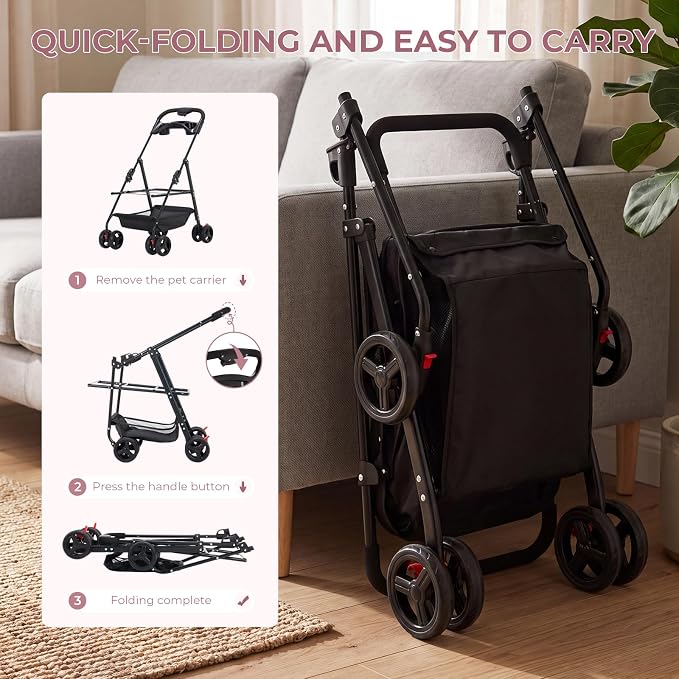 4-Wheel Pet Stroller for Small Medium Dogs Cats, One-Click Foldable | Portable Dog Stroller, Detachable Carrier, Cup Holder & Storage Basket, Safety Tether, Breathable Mesh, Up to 44lbs, Pink