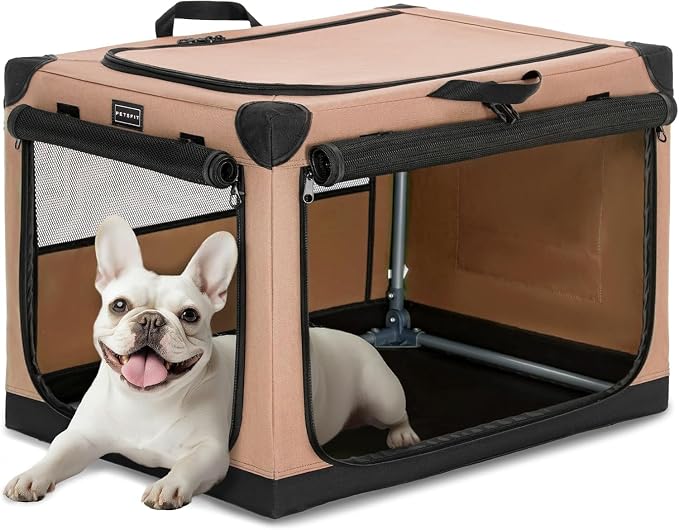 PETSFIT 26" Soft Portable Dog Crate – Patented Spiral Sturdy Frame, Collapsible Travel Kennel for Small Dogs, 3 Mesh Door, Lockable Zippers, Indoor & Car Use Khaki