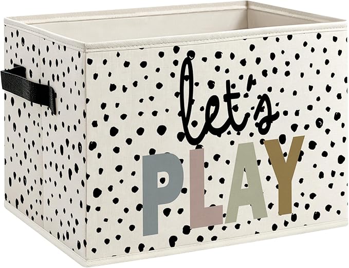 Boho Nursery Playroom Foldable Storage Bins Box with Handles, Kids Playroom Let's Play Polka Dot Decorative Storage Boxes Baskets Toybox Organizer for Kids Boy Girl Nursery Room Bedroom