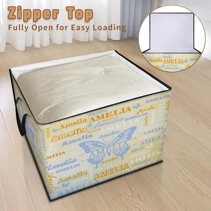 Personalized Storage Bins with Lid, Customized Name Jumbo Storage Basket Rectangle Clothes Organizer for Organizing Kids and Pets Toys Shelf Closet, Gradient Yellow Blue Butterflies