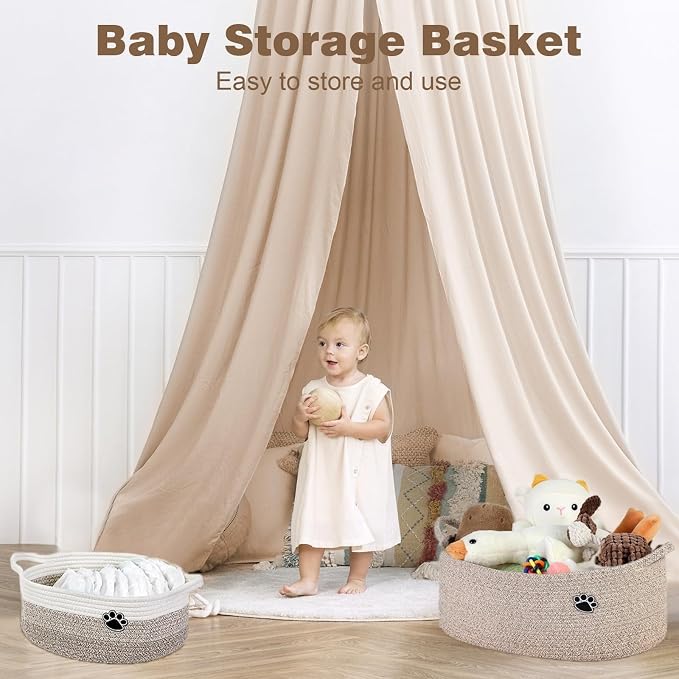 Optish 40L Extra Large Dog Toy Basket, 20" x 14" x 9" XL Toy Storage Box and Bin with Handles, Woven Cotton Rope Foldable Basket for Blankets, Living Room, Bedroom, Home Decor, Brown