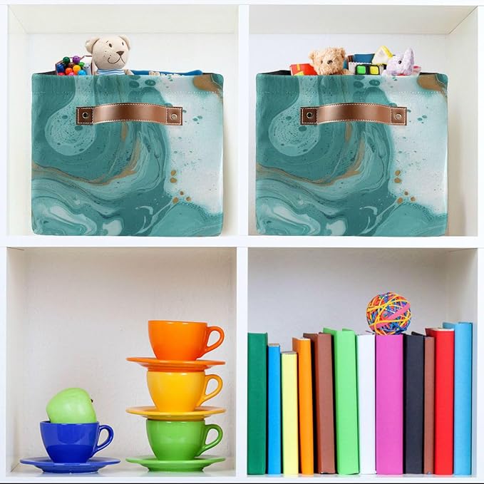 Turquoise Marble Texture Basket Bin Large Storage Basket Toy Basket Canvas Storage Basket Clothes Basket Decorative Basket for Home Office (15x11x9.5inch,2PACK)