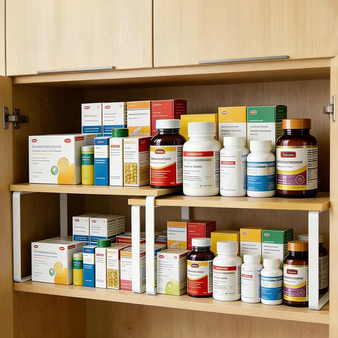 2 Pack Medicine Cabinet Organizer, Expandable and Stackable Medicine Bottle Organizer Shelf, Pill Bottle Organizer for Cabinet and Countertops, Rack for Medicines and Vitamins, Made of Metal & Wood