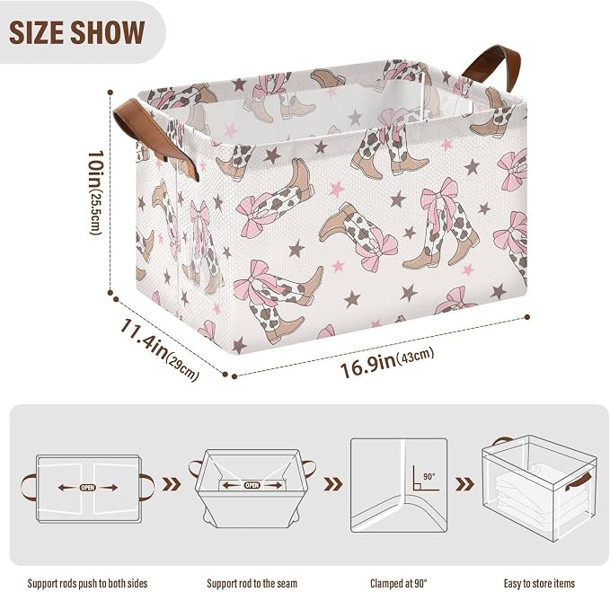 Western Cowgirl Boot with Coquette Bow Storage Basket Foldable Cube Storage Bins with Handles&Label Collapsible Organizer Box Bin Rectangle Decorative Baskets for Shelves Home Living Room Closet