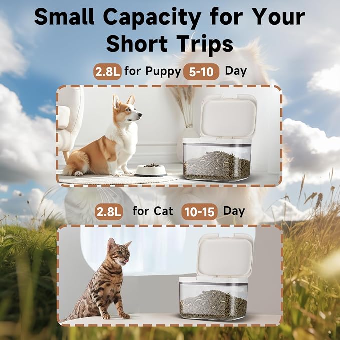 LivLab Mker 5 lb Airtight Dog Food Storage Container with Scoop, White | Airtight pop-lock lid with measuring cup; clear BPA-free bin stores dry dog or cat food, treats, rice, or flour.