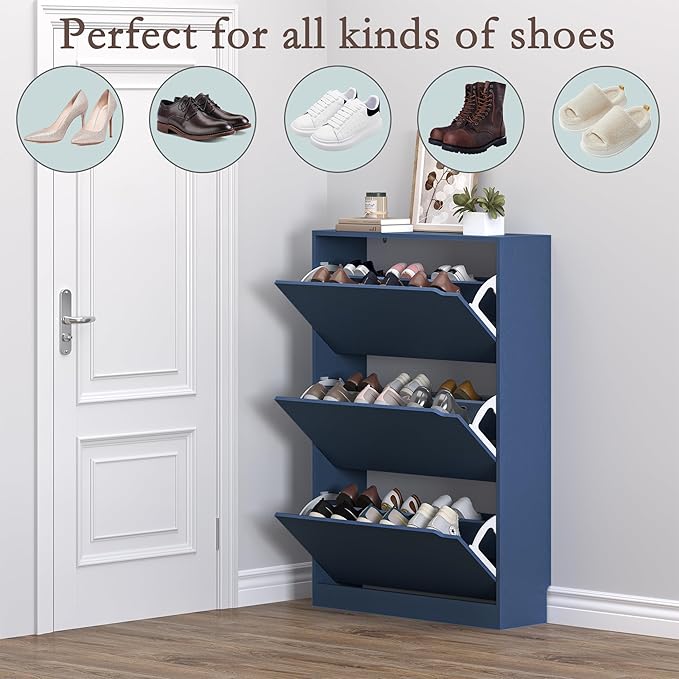 BORNOON Shoe Cabinet with 3 Flip Drawers, Hidden Wood Shoe Cabinet,Freestanding Shoe Storage Cabinet for Entryway Hallway. 47.2" H*31.5" W*9.45" D