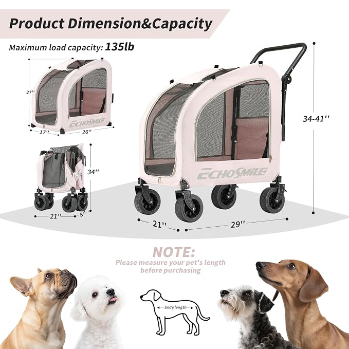 EchoSmile 4-Wheel Pet Stroller for Dogs & Cats, Up to 135 lbs, Pink | Lightweight Carrier · Storage Basket Included · Adjustable Handle · Removable Pad