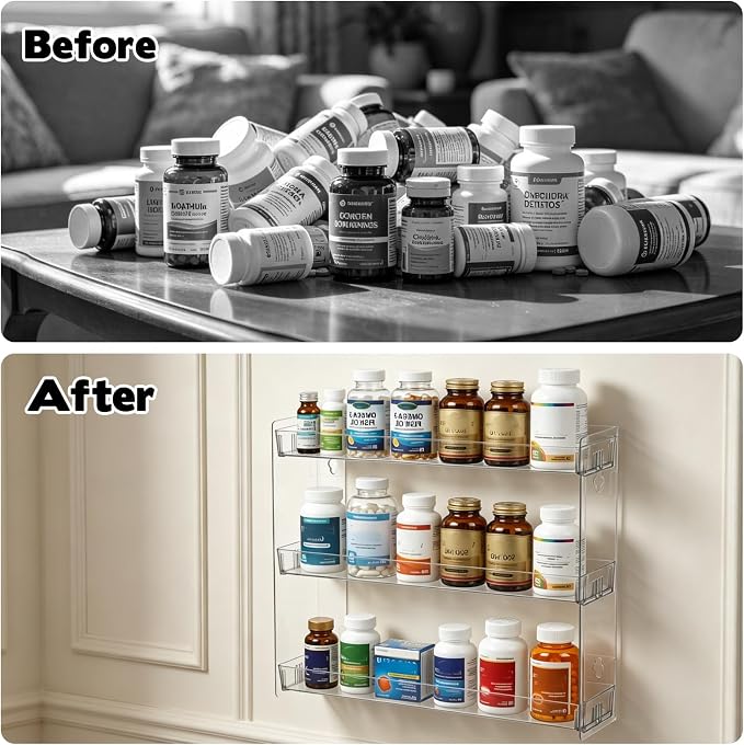 2PCS Medicine Bottle Organizer Shelf, 3-Tier Medicine Cabinet Organizer for Countertop Cabinetry and Bathroom, Transparent Removable Vitamins Organizer for Medication Bottles Vitamins Bottles