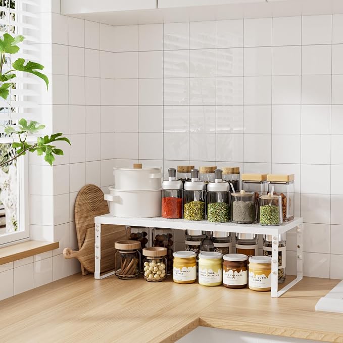 Cabinet Shelf,Expandable Adjustable Stackable Kitchen Organizer,for cabinets, Kitchens, countertops, bathrooms Shelf Organizer(1Pack/White,Large)