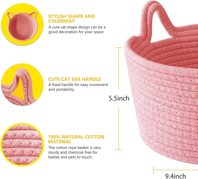 Small Cat Ears Basket, Woven Cotton Rope Organizer with Handles - Decorative Nursery Bin & Box for Baby, Pet Toy Storage