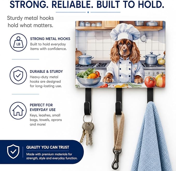 Caroline's Treasures English Cocker Spaniel The Chef Leash or Key Holder Wall Hooks, Key Hooks Holder, Coat Rack Wall Mount, Coat Hooks, Hooks for Hanging Keys, Towels, Aprons, Leashes | English Cocker Spaniel The Chef artwork on ceramic tile with thre...