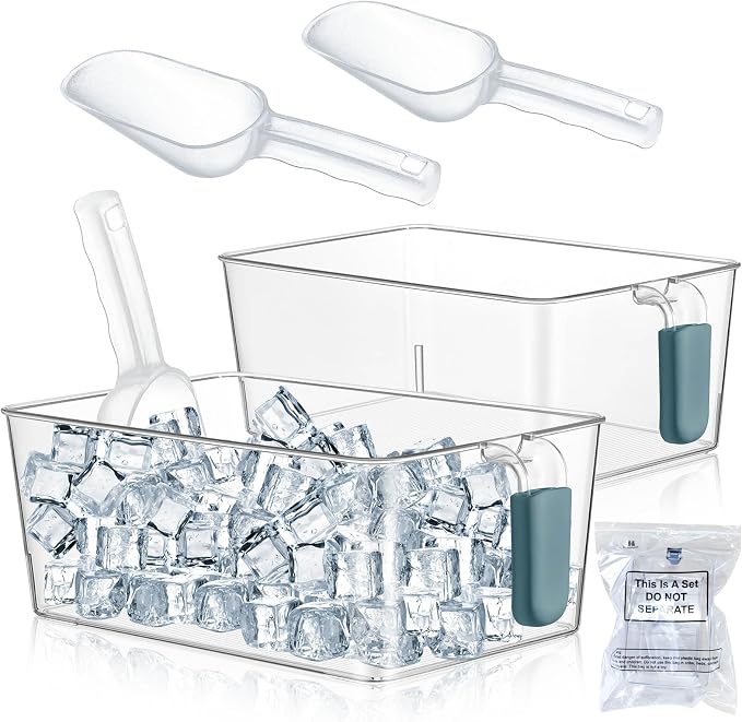 Havawish Ice Storage Bin and Flexible Scoop Set Plastic Freezer Bin | Freezer Ice Bin Scoop, Clear Bucket Container, Pull Handle, Flexible Storage, 10.83 X 7 X 4.33 in