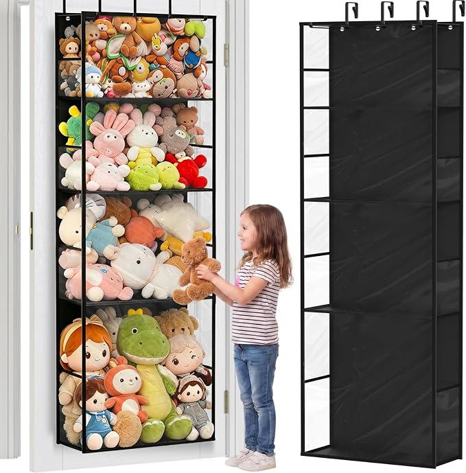 Over the Door Stuffed Animal Storage with Clear Dust Cover | 4 Tier Extra Large Hanging Toy Organizer for Plush Toys, Nursery Bedroom and Kids Room Storage