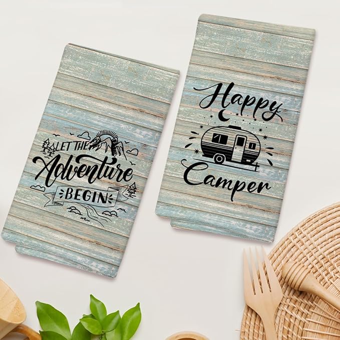 Happy Camper Kitchen Towels and Dishcloths Set of 2, Funny Decorative Hand Towel Drying Cloth for Bathroom, Camping Gift for Men, Women, 16x24 Inches -09