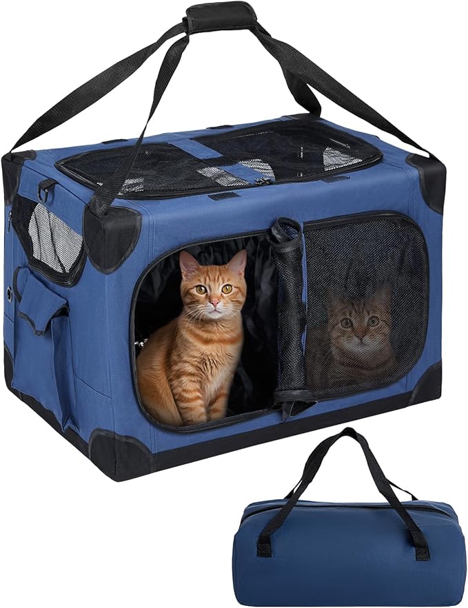 Extra Large 2-Cat Foldable Pet Travel Carrier,24"x17"x17",Blue | Removable Divider, Metal Frame Support, Breathable Mesh Panels, With Storage Tote & Padded Straps