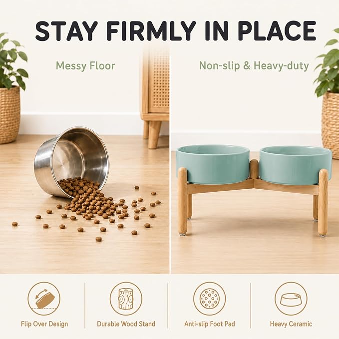 Havniva Ceramic Dog Bowls Elevated, Raised Dog Food Bowl for Large Dogs | 8.3” Elevated Dog Bowls, Non-Slip Wood Stand, Dog Food and Water Bowl Set, Dog Feeding Dish, Large Capacity Pet Water Bowl