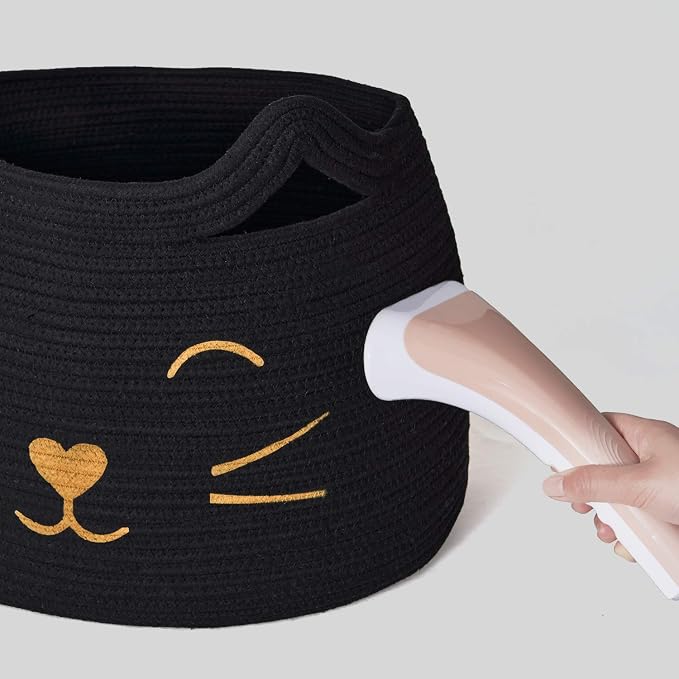 Large Woven Rope Cat Toy Basket with Cat Face Design, Black | 15.7" x 11.8" Toy Bin & Box for Living Room Nursery, Boho Storage Basket for Towels, Blankets, with Sturdy Handles