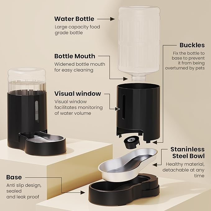 CZPET Dog Water Bowl Dispenser 7L, Wider Mouth & Upgraded Brush for Easy Cleaning Automatic Cat Gravity Refilling Waterer with Removable Stainless Steel Bowl, Large Drinking Area for Multi-Pet (Black)
