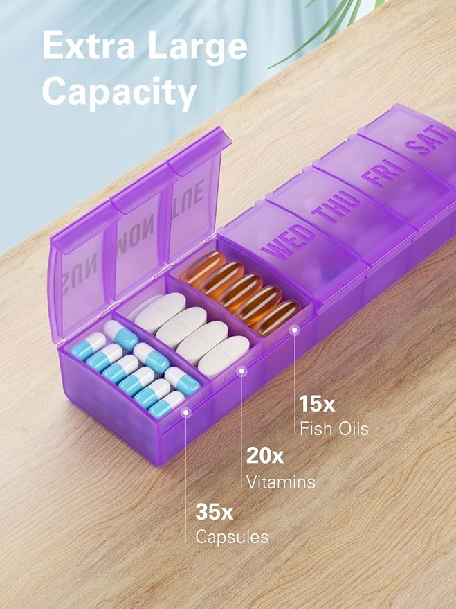 Large Pill Organizer Weekly, Barhon Vitamin Case Box Large Capacity Compartments, 7 Day Pill Containers for Medicine Supplements Fish Oil