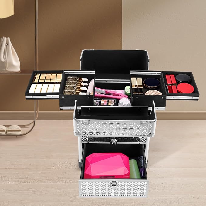 Rolling Makeup Train Case with Drawers, Cosmetic Travel Trolley, Storage Sliding Drawer 4 Tray Cosmetics Beauty Organizer Lockable Luggage Trolley (Silver)