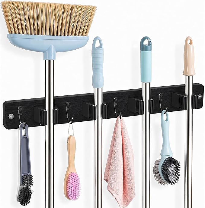 AceMining Black Broom Holder Wall Mount, 4 Holders 4 Hooks Mop Holder | Mop Holder Wall Mount and Broom Hanger for Garage, Laundry Room, Kitchen and Utility Storage