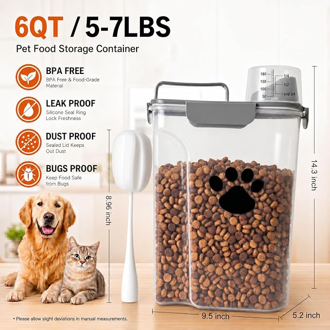 5-7Lbs Dog Cat Food Storage Container with cleaning brush | 4 Snap Seals,Portable Pet Food Containers with Upgraded Large Nozzle and Measuring Cup,Cats,Birds(Large-Grey)