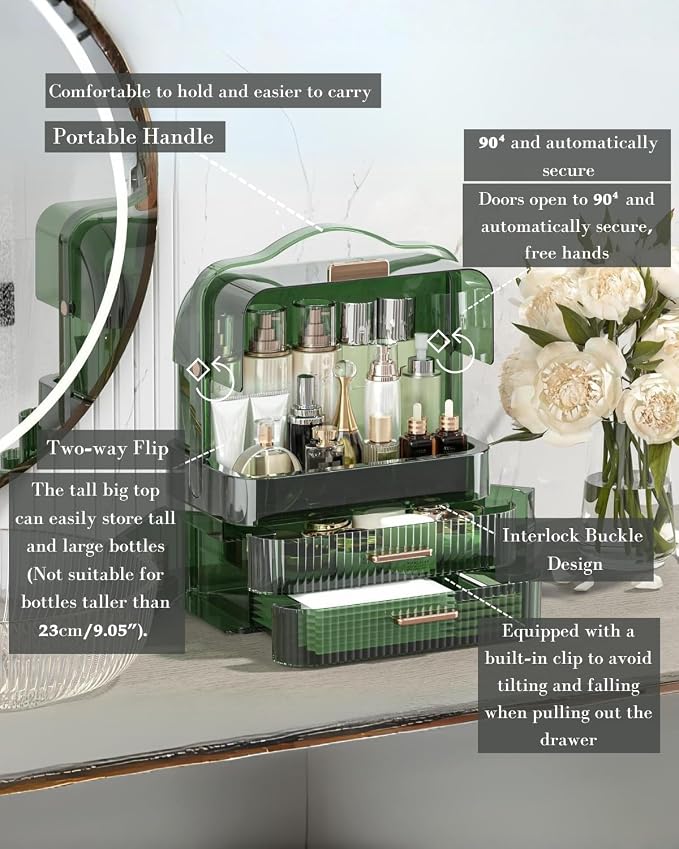 LINFIDITE Cosmetics Storage Box Transparent Lid Large Makeup Organizer Box Drawers Portable Handle Waterproof Dustproof Skincare Display Cases for Countertop, Bathroom, Dresser,Gift Clear Green