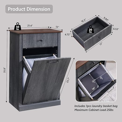 IFGET Tilt-Out Trash Can Cabinet, Fluted Laundry Hamper Cabinet, Dark Gray