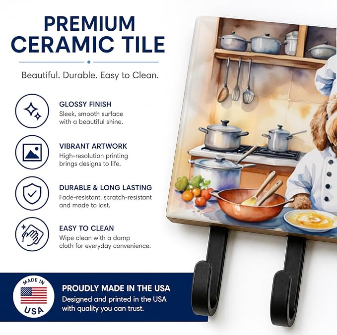 Caroline's Treasures Labradoodle The Chef Leash or Key Holder Wall Hooks, Key Hooks Holder, Coat Rack Wall Mount, Coat Hooks, Hooks for Hanging Keys, Towels, Aprons, Leashes | Labradoodle The Chef artwork on ceramic tile with three steel hooks for keys...