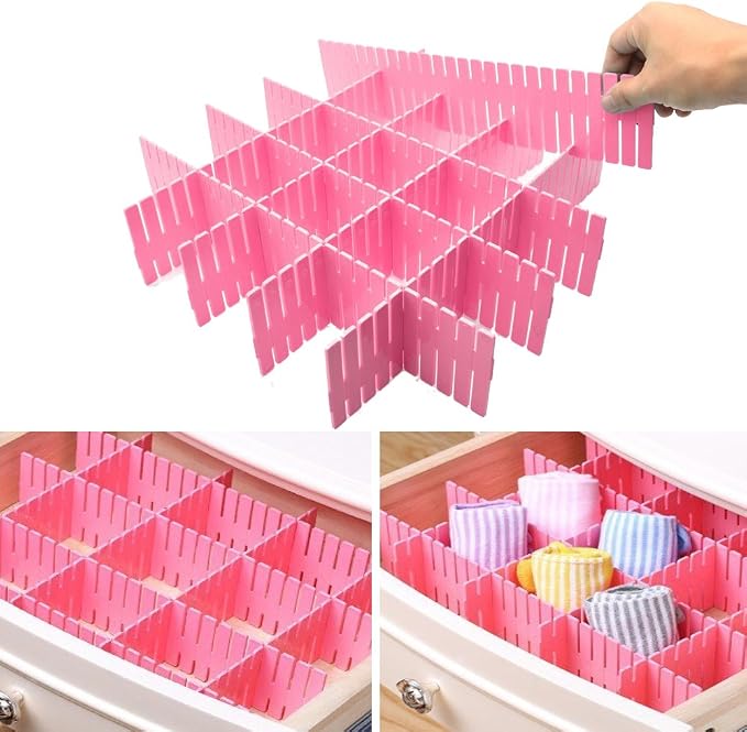 8pcs DIY Plastic Drawer Organizer Adjustable Drawer Dividers for Home Tidy Closet, Socks, Underwear, Office School Supplies, Kitchen Utensil Tools (Pink)