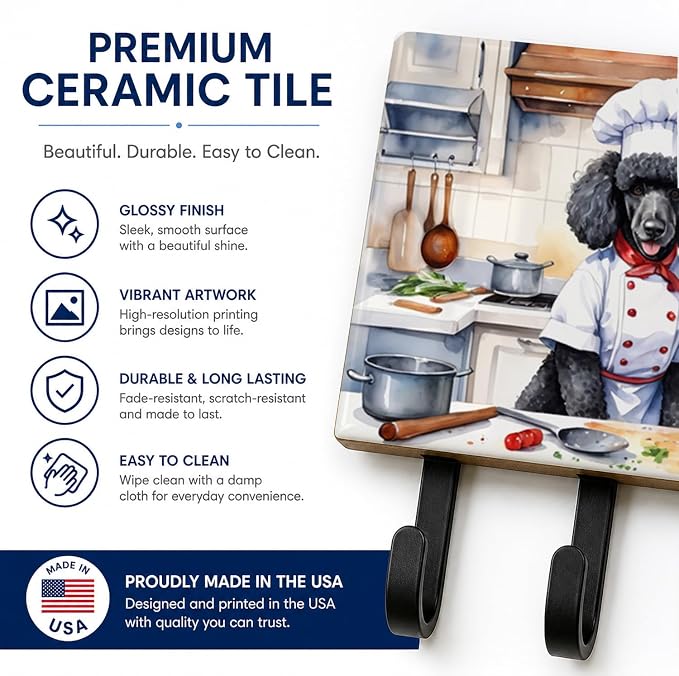 Caroline's Treasures Black Poodle The Chef Leash or Key Holder Wall Hooks, Key Hooks Holder, Coat Rack Wall Mount, Coat Hooks, Hooks for Hanging Keys, Towels, Aprons, Leashes | Black Poodle The Chef artwork on ceramic tile with three steel hooks for ke...