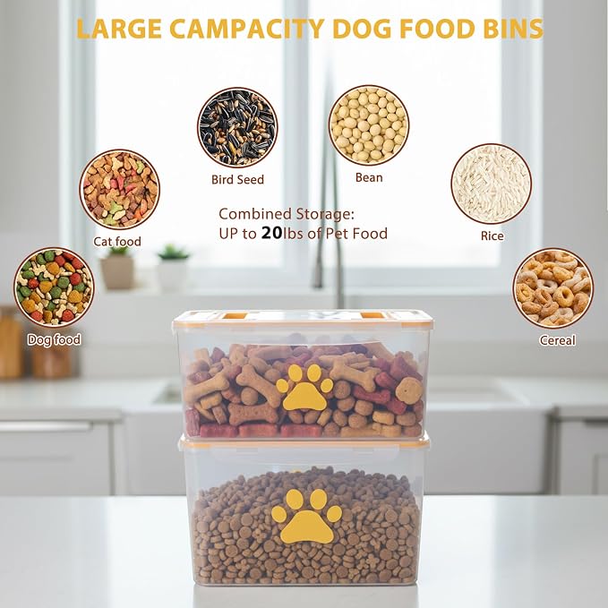 2-Piece Dog Food Container with Handle,20lb Airtight Pet Food Storage Bin for Dogs Cats, Large Capacity Kibble Container for Kitchen Counter,Stackable and Keep Food Fresh Crispy-BPA free
