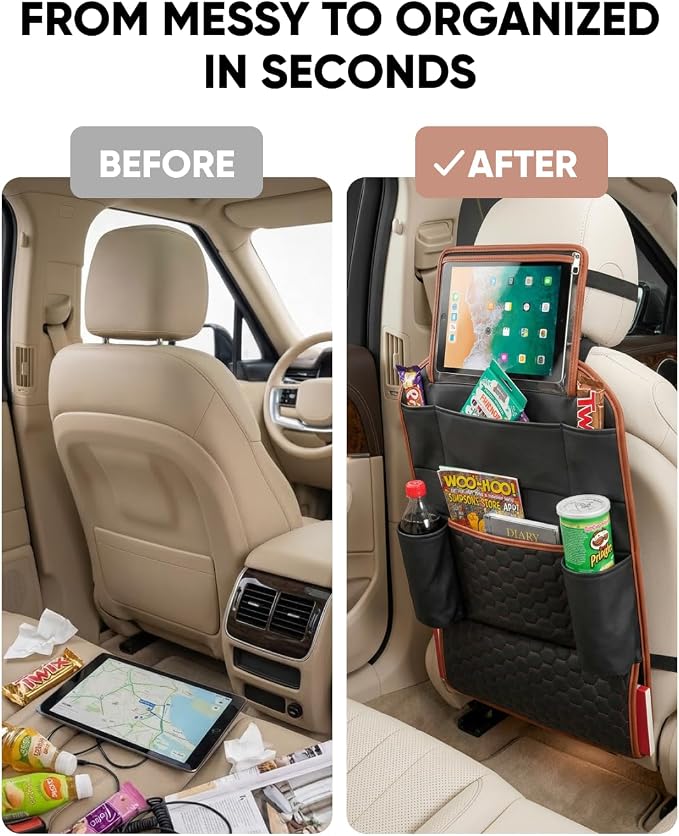 Owleys Back of Seat Organizer for Kids | Car Storage Caddy – 8 Pockets + Transparent Tablet Holder | Waterproof Eco-Leather | 27.5' x 18.5' | Brown+Black | Hanging faux leather backseat organizer, 8 pockets plus a clear tablet pocket, doubles as a kick...